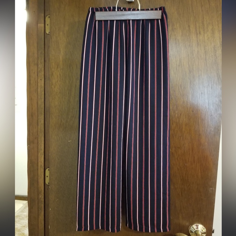 Navy and Red Striped Wide-Leg Pants